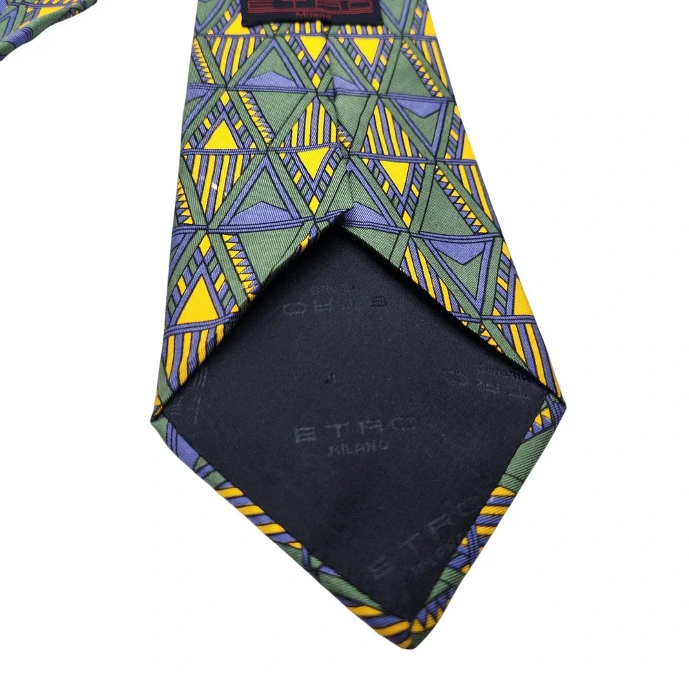 Etro Milano Silk Tie Geometric Yellow Green Purple Made in Italy Business Casual